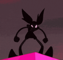 a cartoon character is standing on top of a pink pyramid .