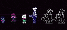 a group of pixel art characters are standing next to each other on a grid .