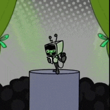 a cartoon character is standing on a pedestal holding a microphone with a red cross in the background