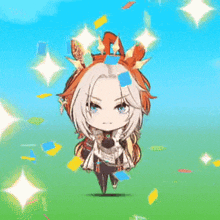 a cartoon character with a crown on her head is standing in a field surrounded by confetti .