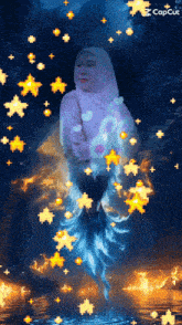 a woman in a hijab is surrounded by glowing stars and the word capcut is on the bottom