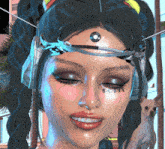 a close up of a woman 's face with a helmet on her head