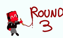 a drawing of a jester holding a scythe next to a bloody sign that says round 3 .