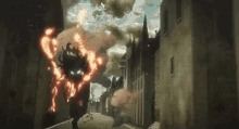 a monster with flames coming out of it 's chest is walking down a street