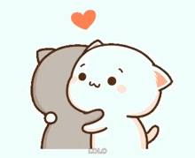 a couple of cartoon cats hugging each other with a heart flying in the air .