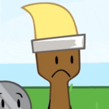 a cartoon brush with a sad face is wearing a hat