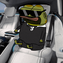 a cartoon character wearing sunglasses and a tuxedo is sitting in the back seat of a car