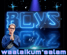 a man stands in front of a sign that says " boys "