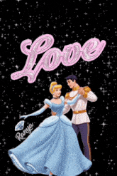 a picture of cinderella and prince charming dancing with the word love above them