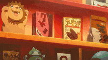 a cartoon lion is standing next to a shelf full of snacks