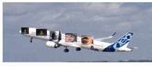 a white and blue airplane with a collage of pictures on it
