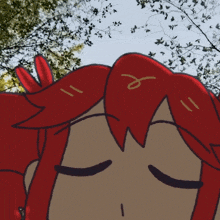 a cartoon drawing of a girl with red hair and a letter r on her forehead