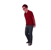 a man in a red sweater and jeans is walking on a white background