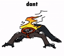 a drawing of a person with flames coming out of their head and the word dant underneath it .