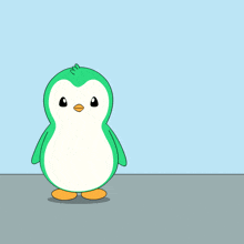 two green and white penguins are standing next to each other on a blue background