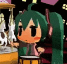 a cartoon girl with green hair is playing a drum in front of a merry go round .