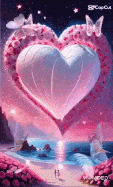 a couple walking on a beach next to a heart shaped balloon made of flowers and butterflies .