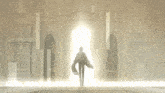 a drawing of a man standing in front of a door with arabic writing on the walls