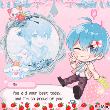 a picture of a boy with blue hair saying you did your best today