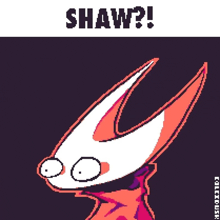 a pixel art drawing of a cartoon character with the words shaw below it