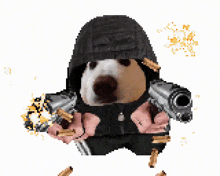 a pixel art of a dog holding two guns