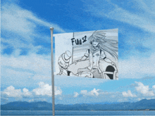 a flag with a picture of a girl and the word fuu on it is flying in the wind