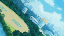 an aerial view of a city with a green circle with the letter i on it