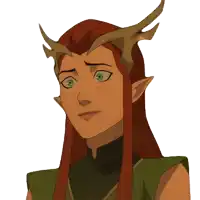 a cartoon drawing of a woman with long red hair and horns on her head
