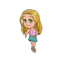 a cartoon girl with long blonde hair is wearing a pink tank top and blue skirt