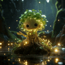 a cartoon character with a tree trunk and leaves on its head