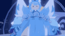 a cartoon character with blue hair and white wings is sitting down