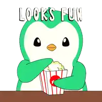 a penguin eating popcorn with the words " looks fun " above it