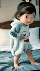 a little girl is standing on a bed wearing a cartoon outfit