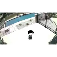 a black and white cartoon of a man standing in front of a swimming pool