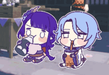 a cartoon of two girls drinking bubble tea with a straw