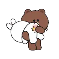 a brown bear is carrying a white rabbit on its back