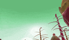 a cartoon landscape with trees and a candy cane