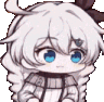 a cute anime girl with white hair and blue eyes is wearing a sweater and a scarf .