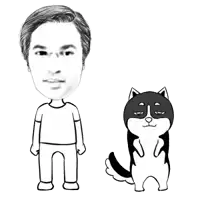 a black and white drawing of a man and a black and white dog
