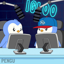 a cartoon of two penguins sitting in front of a microphone under a neon sign that says igloo