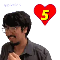 a man with glasses and a heart with the number 5 in it
