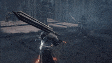 a video game scene with a knight holding a sword and shield
