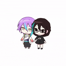 two anime characters are standing next to each other and holding hands