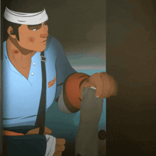 a cartoon of a man with a bandage on his head and a shirt that says s on it