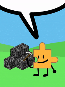 a puzzle piece holding a pickaxe in front of a pile of rocks