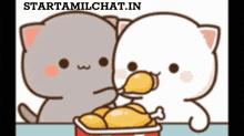 two cartoon cats are eating chicken from a bucket ..