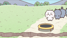 a cartoon drawing of a trampoline with three animals standing around it