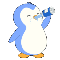 a blue and white penguin is drinking water from a can