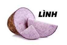 a purple potato with slices cut out of it on a white background with the word linh above it .