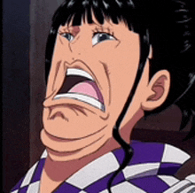 a cartoon character is making a funny face with her mouth wide open .